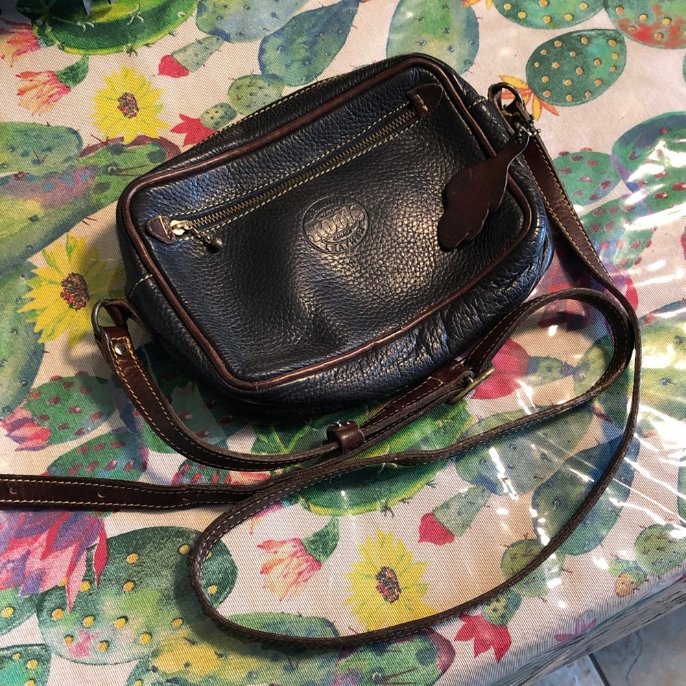 Leather Crossbody Bag in Black with Brown Trim Roots brand